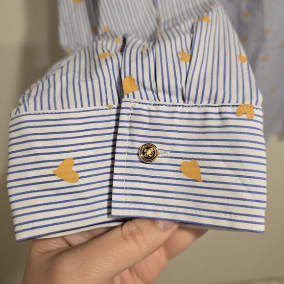 Talbots Size 3X Ruffle Band Collar Poplin Button Down Stripe Gold Heart Cotton - Picture 5 of 10